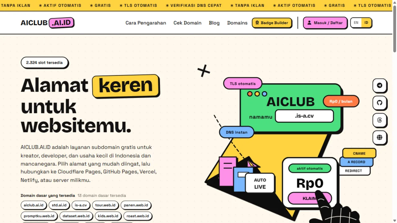 Preview website aiclub.ai.id — layanan subdomain gratis aiclub.ai.id: klaim yourname.aiclub.ai.id, arahkan ke Cloudflare Pages, GitHub Pages, Vercel, atau server IP, TLS otomatis