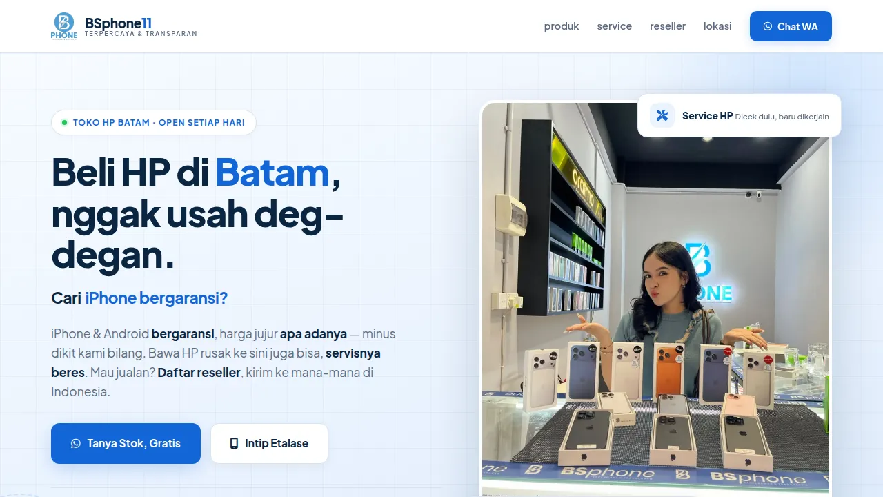 Preview website BSphone11 — landing page toko HP di Batam: iPhone, Android, service & reseller