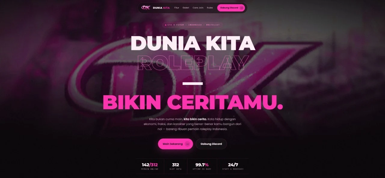 Preview website DUNIA KITA Roleplay — landing page server GTA V FiveM RP Indonesia, tema dark pink neon