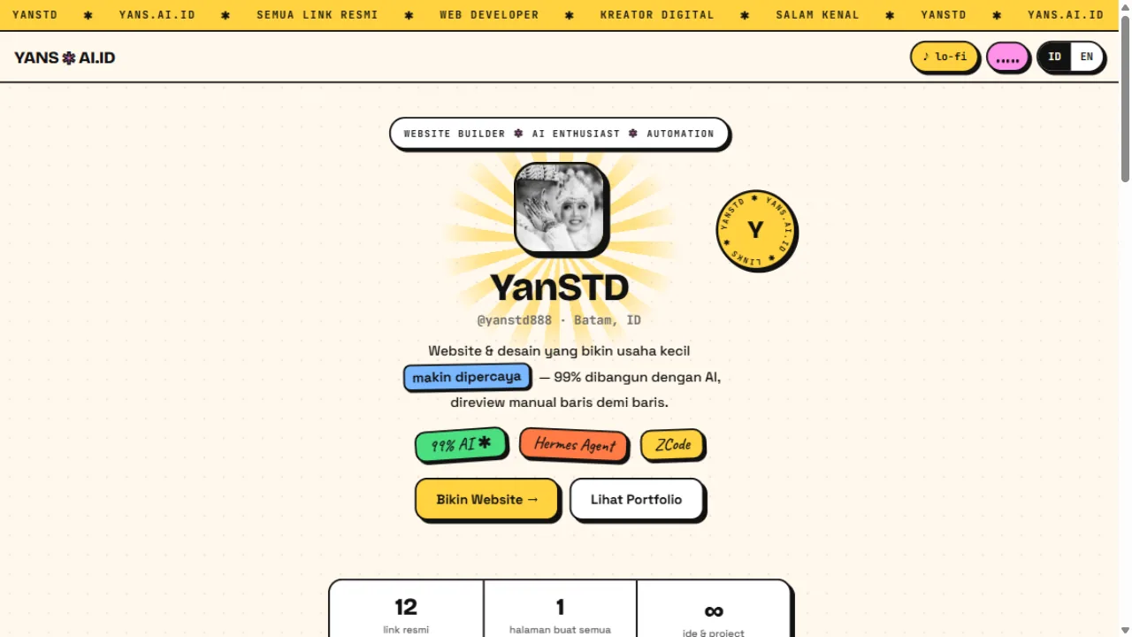 Preview website yans.ai.id — halaman bio semua link resmi yanstd dengan pilihan bahasa Indonesia dan Inggris